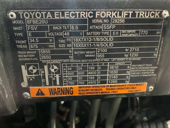 Used forklift for sale in London | 2022 TOYOTA 4,000 LB 3-Wheel Electric Forklift | Model: 8FBE20U