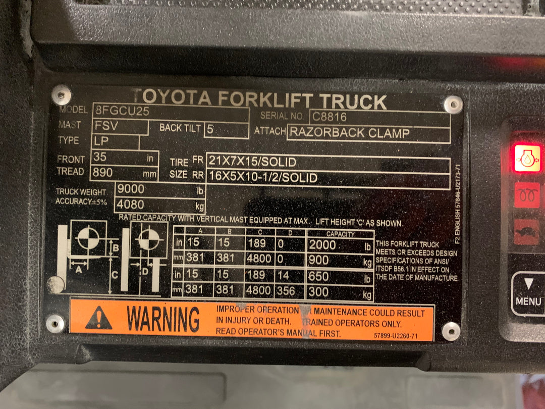 Used forklift for sale in Toronto | 2021 TOYOTA 5000 LB IC Cushion Forklift | Model: 8FGCU25