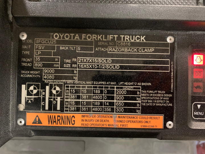 Used forklift for sale in Toronto | 2021 TOYOTA 5000 LB IC Cushion Forklift | Model: 8FGCU25