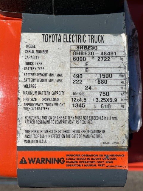 Used forklift for sale in Windsor | 2018 TOYOTA 6,000 LB Electric Walkie Rider Pallet Truck | Model: 8HBE30