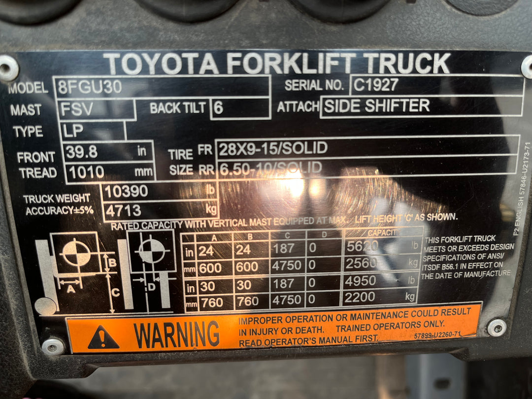 Used forklift for sale in Ottawa | 2021 TOYOTA 6,000 LB IC Pneumatic Forklift | Model: 8FGU30