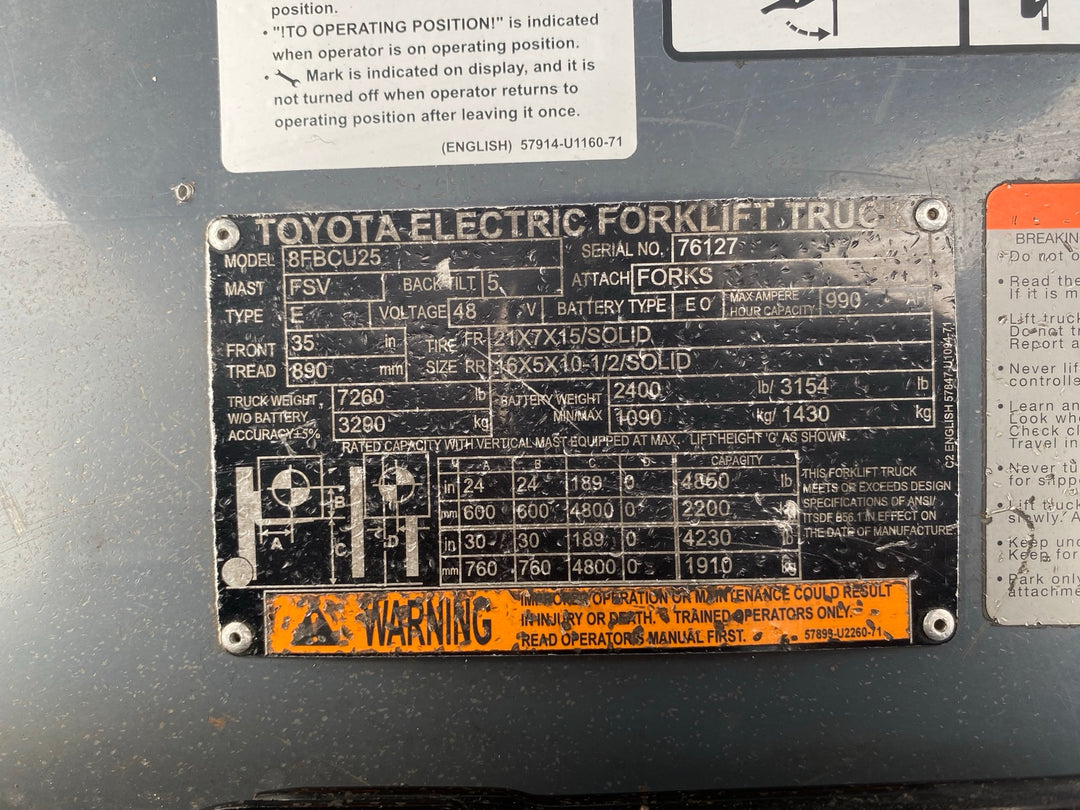 Used forklift for sale in Kitchener | 2018 TOYOTA 5,000 LB Electric Cushion Forklift | Model: 8FBCU25
