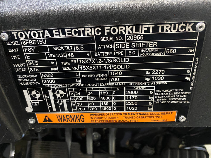 Used forklift for sale in Barrie | 2021 TOYOTA 3000 LB 3-Wheel Electric Forklift | Model: 8FBE15U