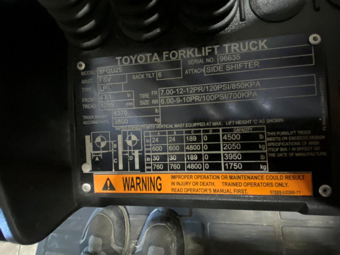 Used forklift for sale in Ajax | 2019 TOYOTA 5,000 LB IC Pneumatic Forklift | Model: 8FGU25