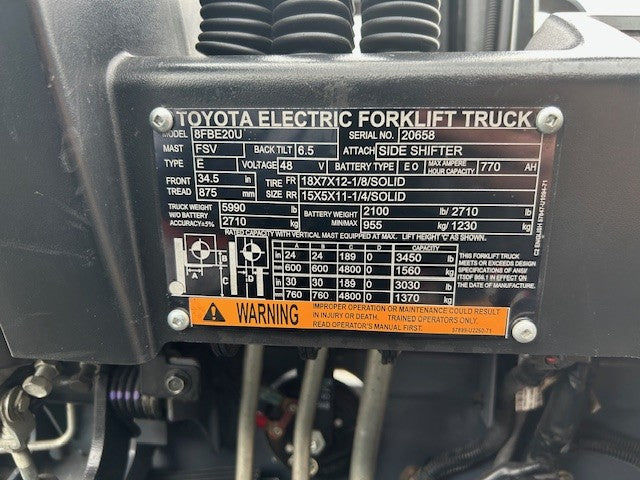 Used forklift for sale in Windsor | 2020 TOYOTA 4000 LB 3-Wheel Electric Forklift | Model: 8FBE20U