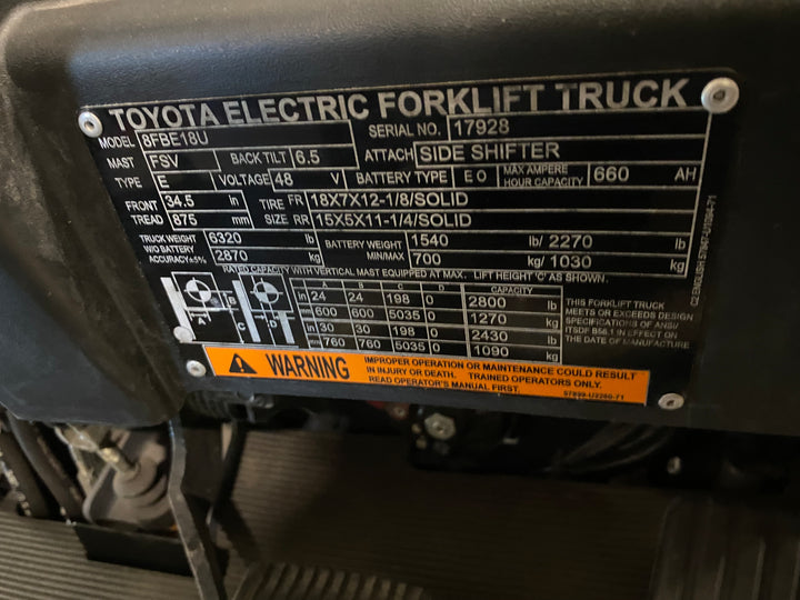 Used forklift for sale in Ajax | 2019 TOYOTA 3,500 LB 3-Wheel Electric Forklift | Model: 8FBE18U