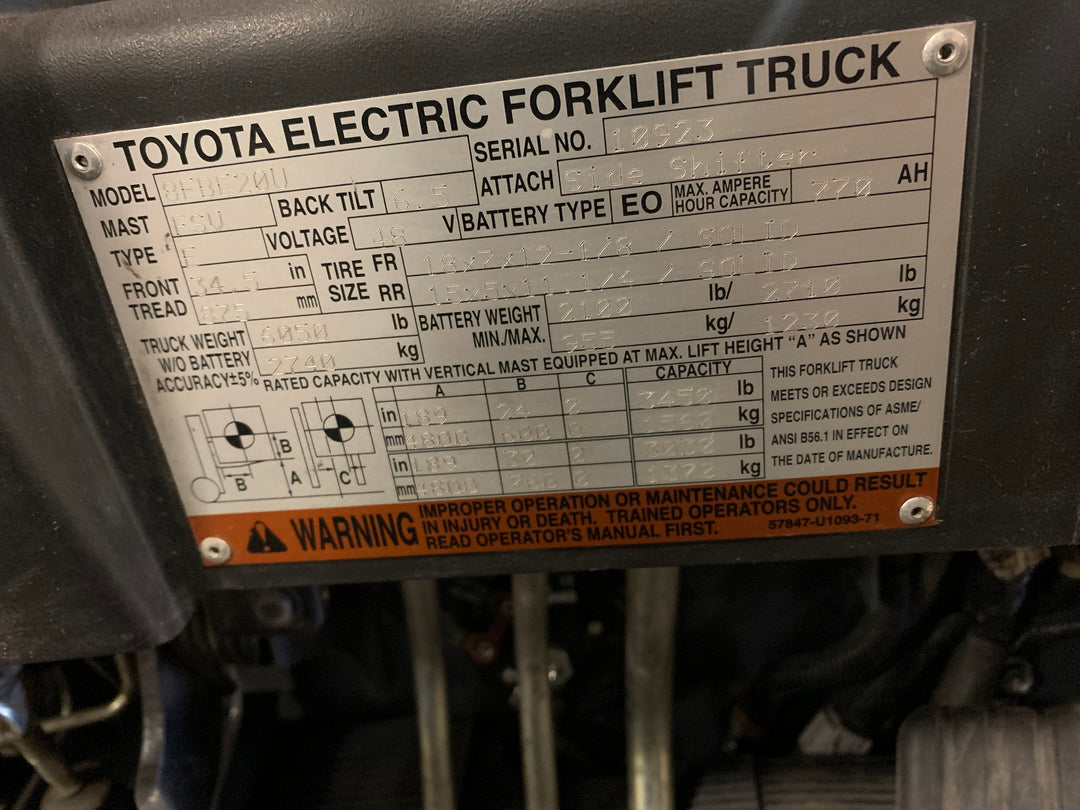 Used forklift for sale in Toronto | 2016 TOYOTA 4000 LB 3-Wheel Electric Forklift | Model: 8FBE20U