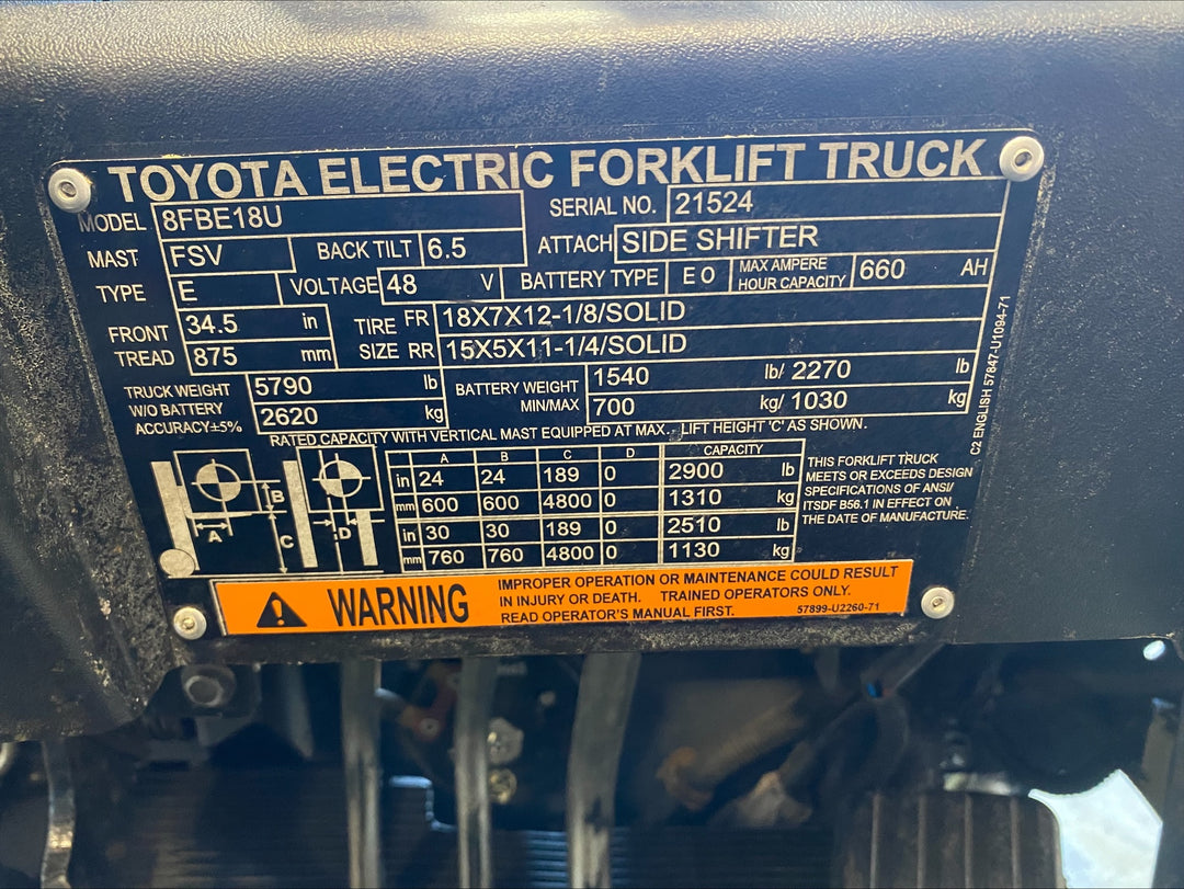 Used forklift for sale in Barrie | 2021 TOYOTA 3,500 LB 3-Wheel Electric Forklift | Model: 8FBE18U
