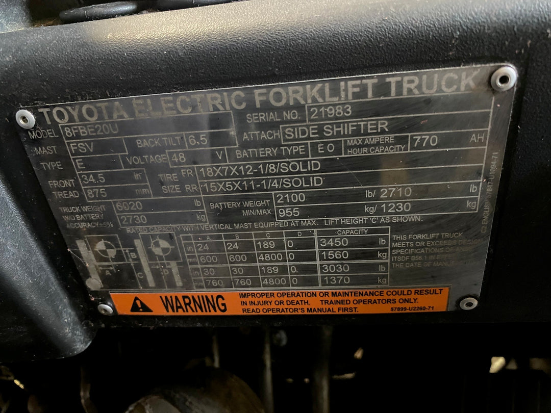 Used forklift for sale in Ajax | 2021 TOYOTA 4000 LB 3-Wheel Electric Forklift | Model: 8FBE20U