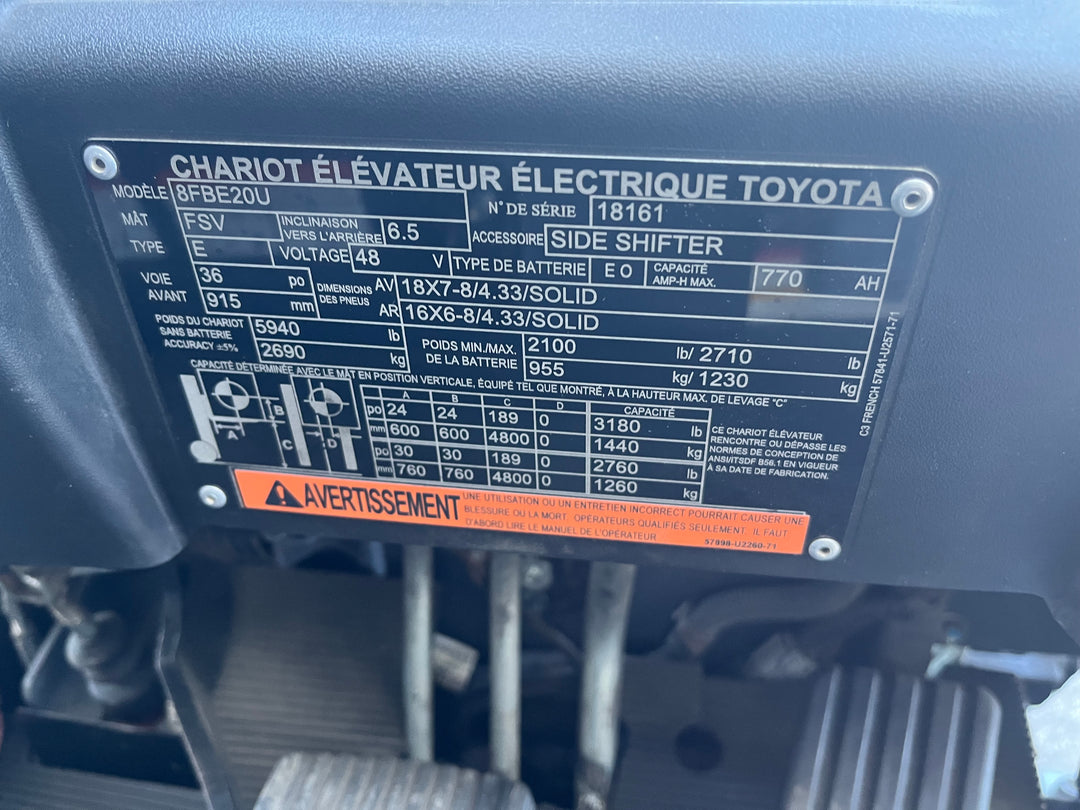 Used forklift for sale in Ottawa | 2019 TOYOTA 4,000 LB 3-Wheel Electric Forklift | Model: 8FBE20U