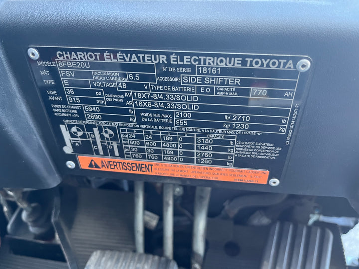 Used forklift for sale in Ottawa | 2019 TOYOTA 4,000 LB 3-Wheel Electric Forklift | Model: 8FBE20U