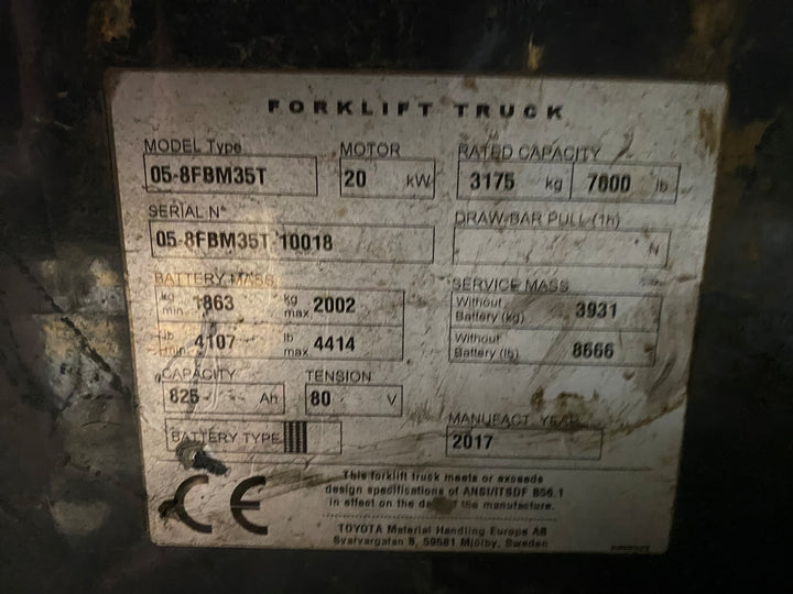 Used forklift for sale in Barrie | 2017 TOYOTA 7000 LB Electric Pneumatic Forklift | Model: 05-8FBM35T