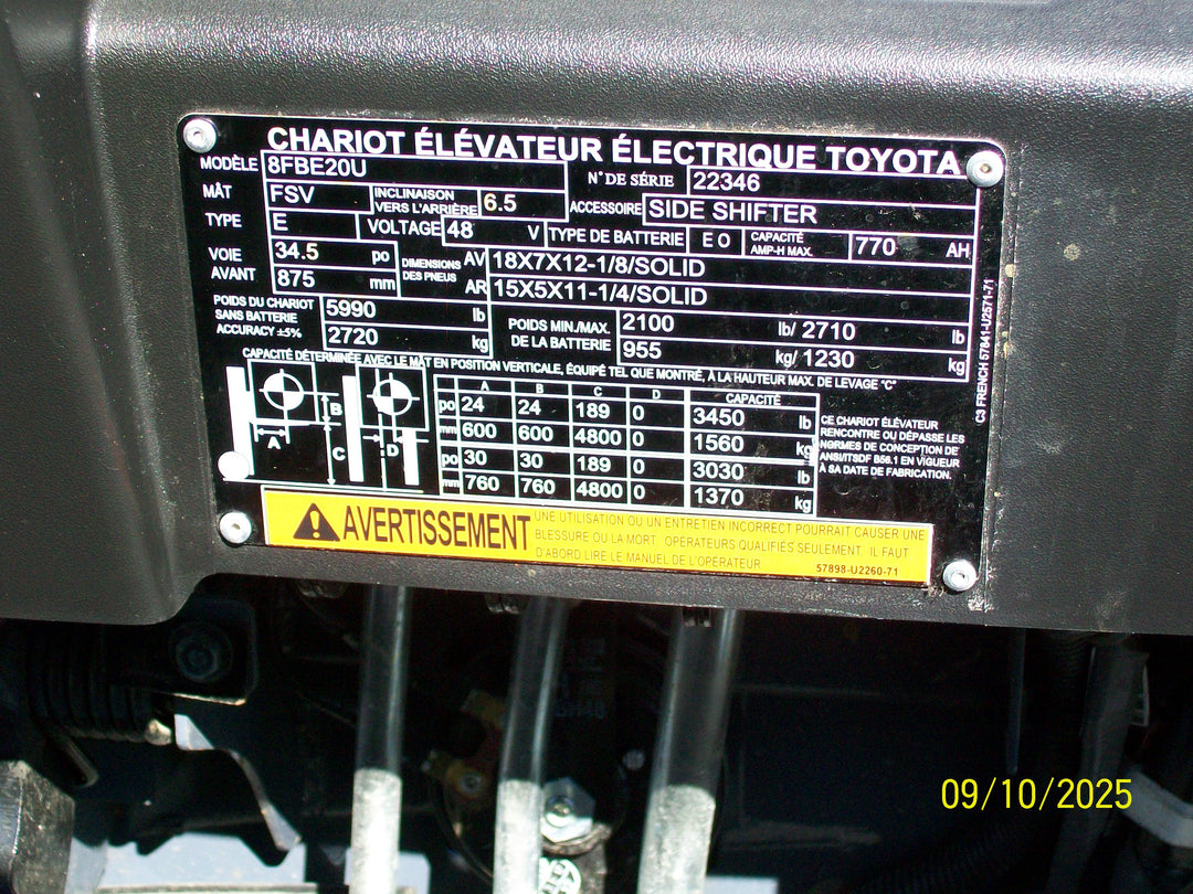 Used forklift for sale in Boucherville | 2021 TOYOTA 4,000 LB 3-Wheel Electric Forklift | Model: 8FBE20U