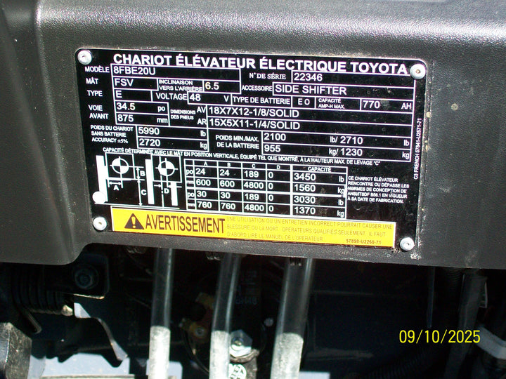Used forklift for sale in Boucherville | 2021 TOYOTA 4,000 LB 3-Wheel Electric Forklift | Model: 8FBE20U