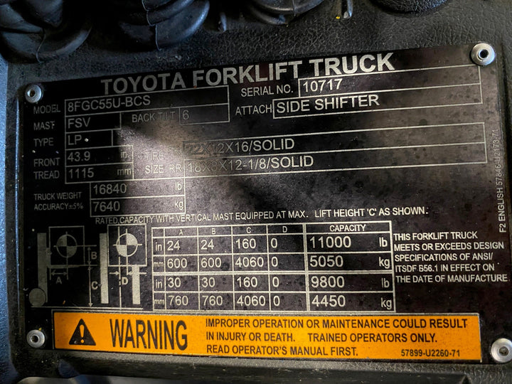 Used forklift for sale in Vaughan | 2017 TOYOTA 12,000 LB IC Cushion Forklift | Model: 8FGC55U