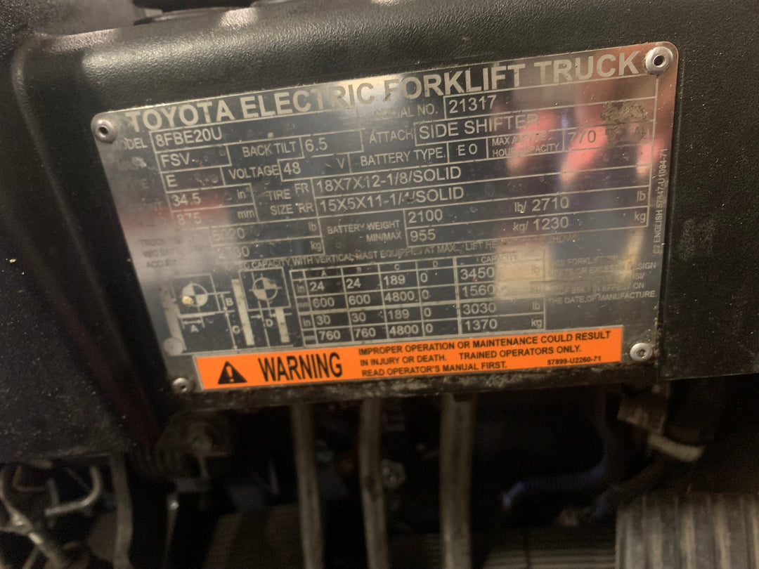 Used forklift for sale in Toronto | 2021 TOYOTA 4000 LB 3-Wheel Electric Forklift | Model: 8FBE20U