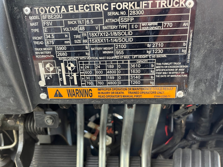 Used forklift for sale in London | 2022 TOYOTA 4,000 LB 3-Wheel Electric Forklift | Model: 8FBE20U