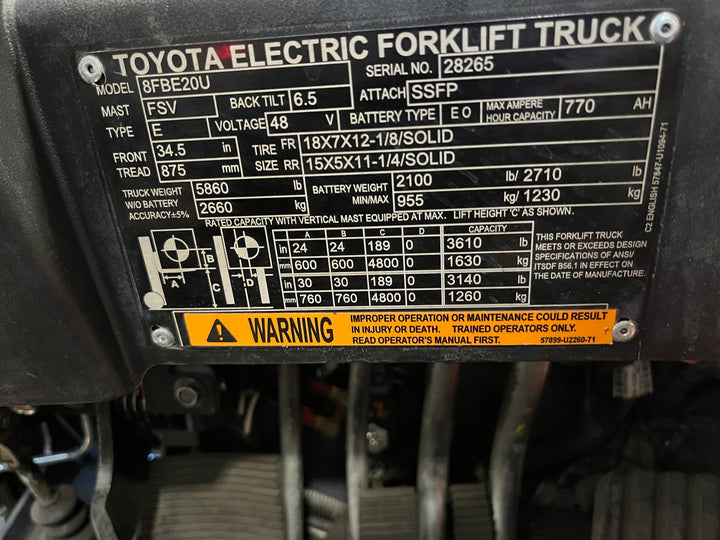 Used forklift for sale in London | 2022 TOYOTA 4,000 LB 3-Wheel Electric Forklift | Model: 8FBE20U