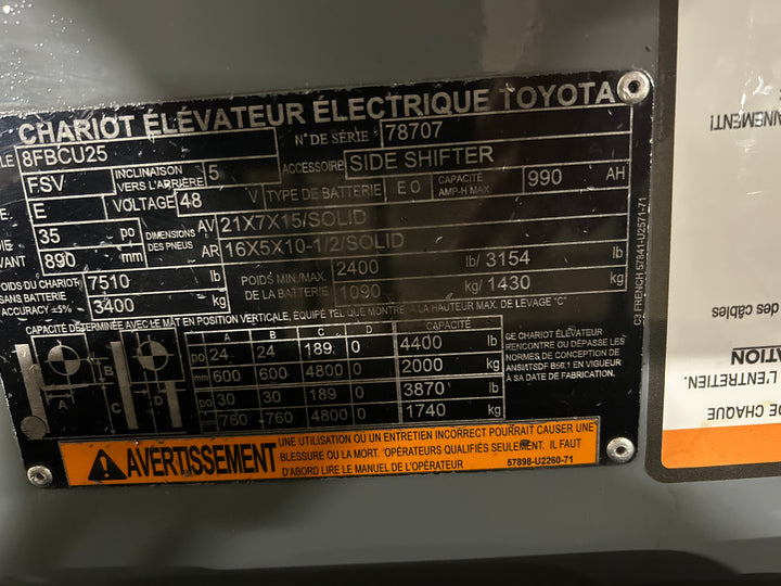 Used forklift for sale in Lachine | 2018 TOYOTA 5,000 LB Electric Cushion Forklift | Model: 8FBCU25