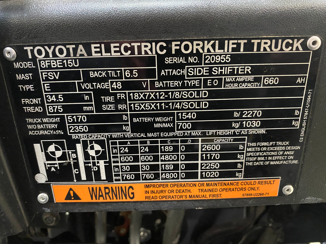 Used forklift for sale in Barrie | 2021 TOYOTA 3000 LB 3-Wheel Electric Forklift | Model: 8FBE15U