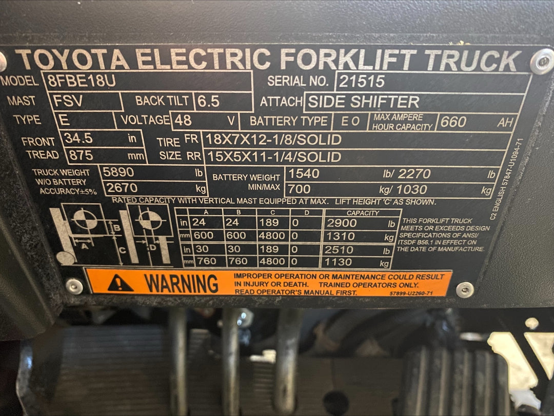 Used forklift for sale in Barrie | 2021 TOYOTA 3,500 LB 3-Wheel Electric Forklift | Model: 8FBE18U