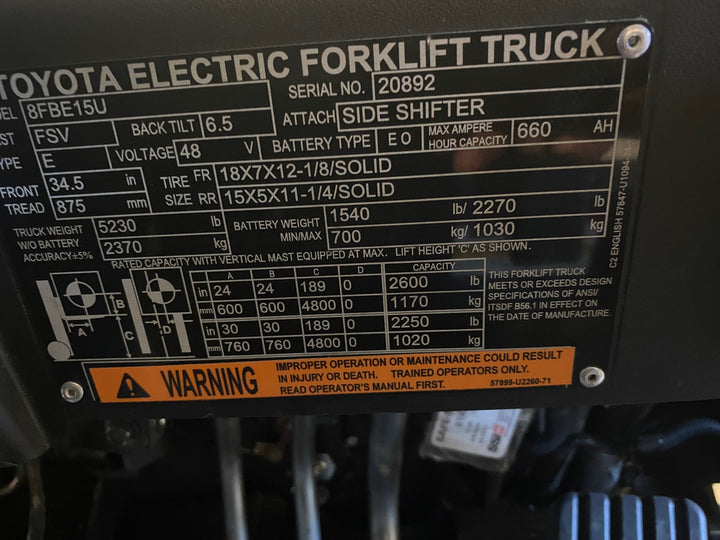 Used forklift for sale in Vaughan | 2021 TOYOTA 3,000 LB 3-Wheel Electric Forklift | Model: 8FBE15U