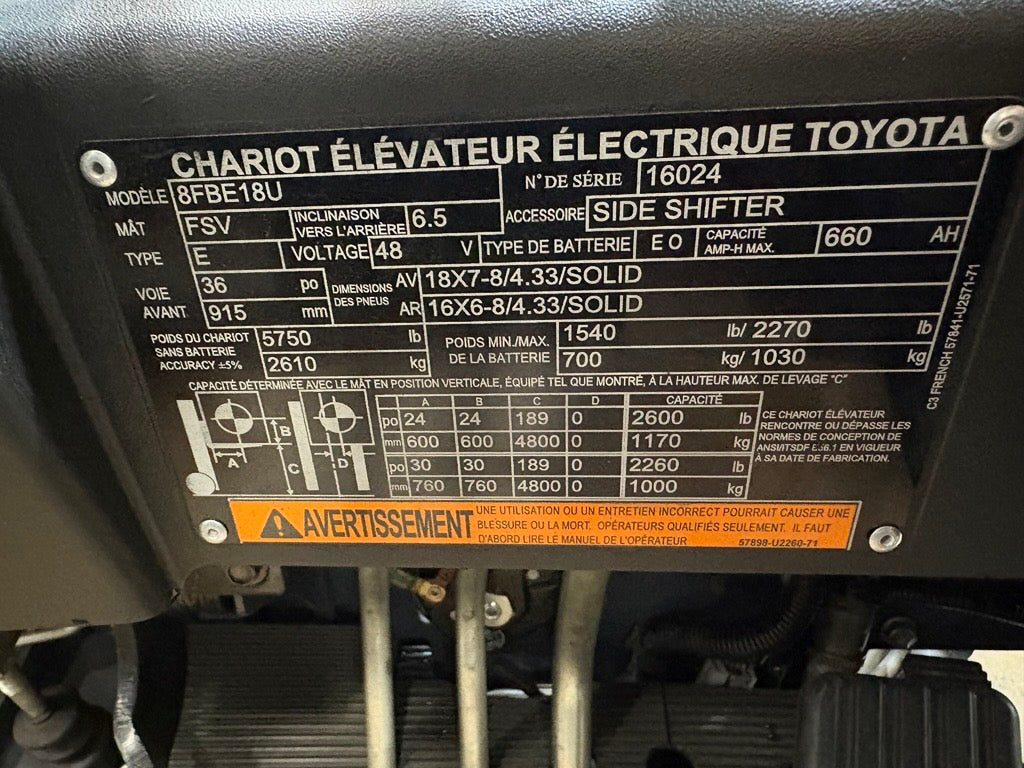 Used forklift for sale in Lachine | 2018 TOYOTA 3,500 LB 3-Wheel Electric Forklift | Model: 8FBE18U