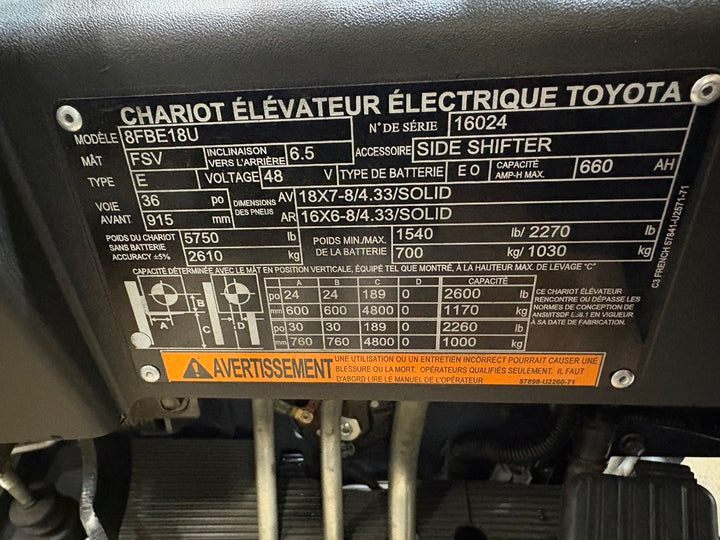 Used forklift for sale in Lachine | 2018 TOYOTA 3,500 LB 3-Wheel Electric Forklift | Model: 8FBE18U