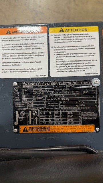 Used forklift for sale in Lachine | 2018 TOYOTA 5,000 LB Electric Cushion Forklift | Model: 8FBCU25