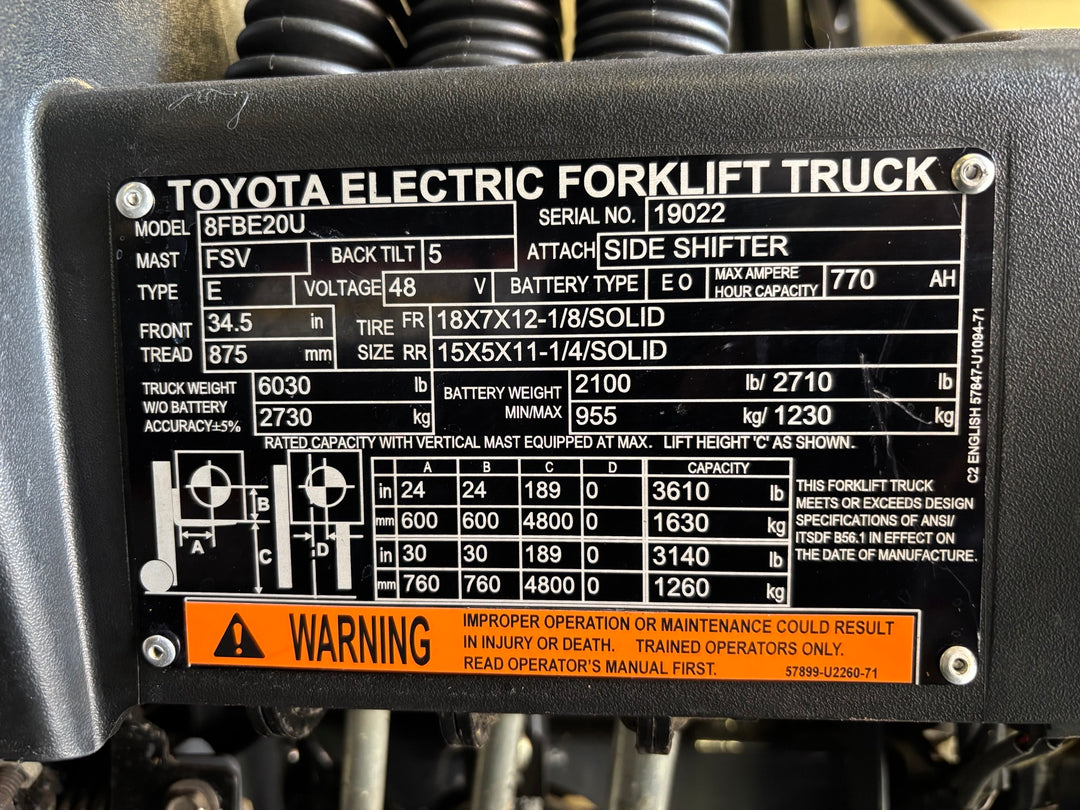 Used forklift for sale in Toronto | 2019 TOYOTA 4,000 LB 3-Wheel Electric Forklift | Model: 8FBE20U