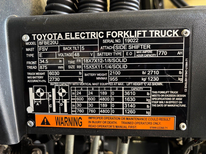 Used forklift for sale in Toronto | 2019 TOYOTA 4,000 LB 3-Wheel Electric Forklift | Model: 8FBE20U