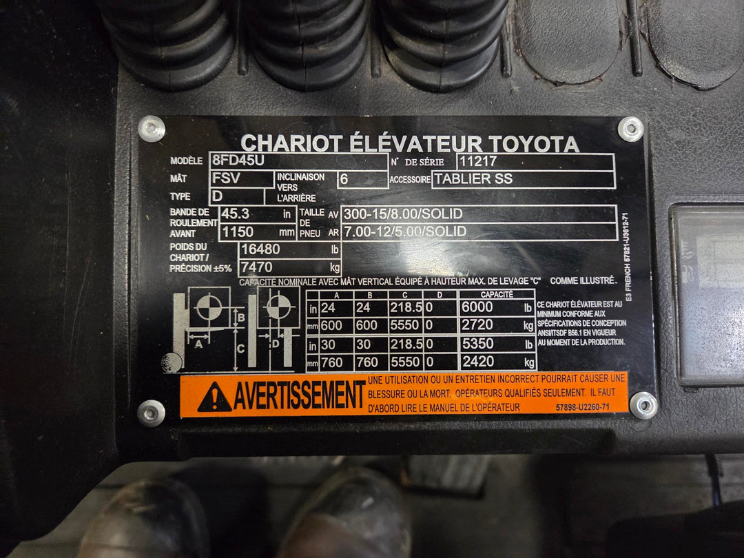 Used forklift for sale in Lachine | 2017 TOYOTA 10,000 LB Diesel Pneumatic Forklift | Model: 8FD45U