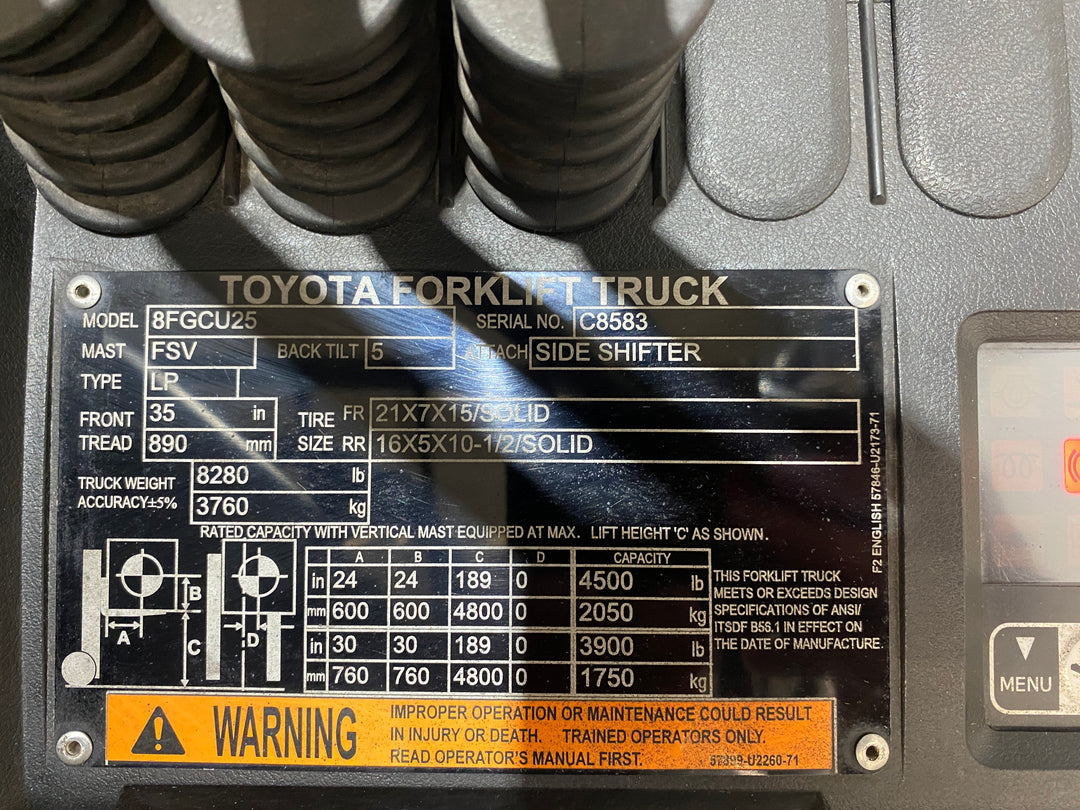 Used forklift for sale in Barrie | 2021 TOYOTA 5,000 LB IC Cushion Forklift | Model: 8FGCU25