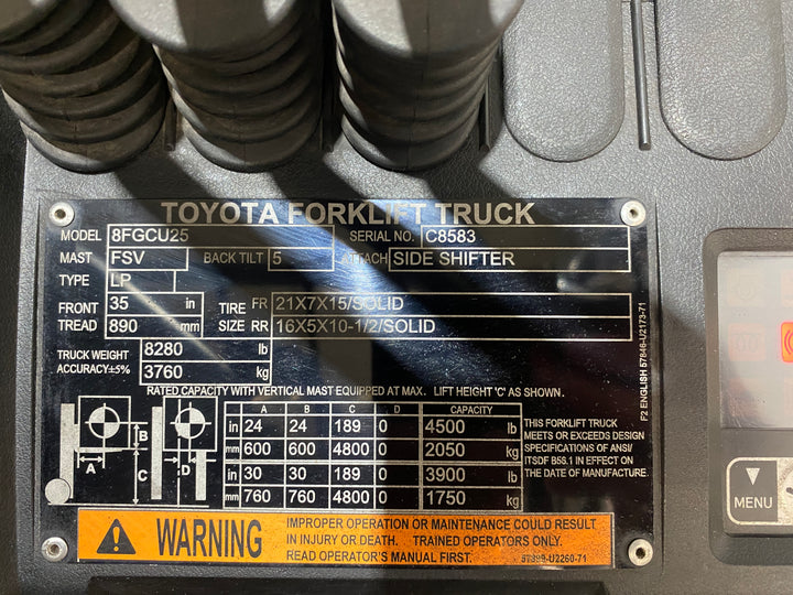 Used forklift for sale in Barrie | 2021 TOYOTA 5,000 LB IC Cushion Forklift | Model: 8FGCU25