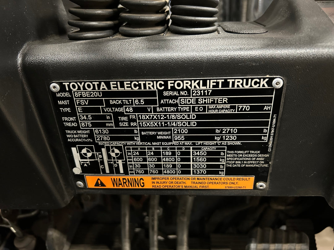 Used forklift for sale in Vaughan | 2021 TOYOTA 4,000 LB 3-Wheel Electric Forklift | Model: 8FBE20U