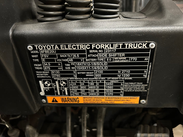 Used forklift for sale in Vaughan | 2021 TOYOTA 4,000 LB 3-Wheel Electric Forklift | Model: 8FBE20U