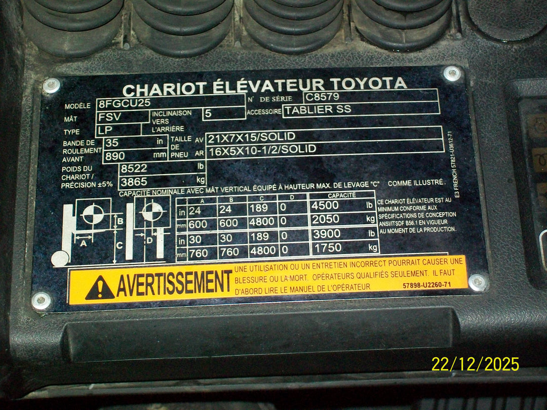 Used forklift for sale in Quebec | 2021 TOYOTA 5,000 LB IC Cushion Forklift | Model: 8FGCU25