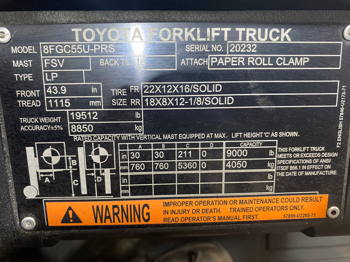 Used forklift for sale in Barrie | 2021 TOYOTA 12000 LB IC Cushion Forklift | Model: 8FGC55U