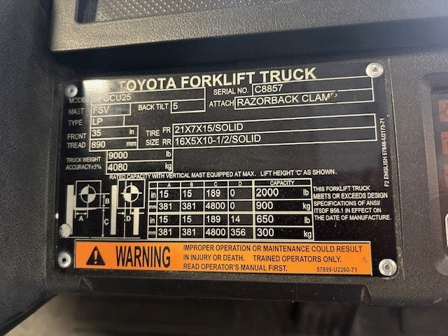 Used forklift for sale in Toronto | 2021 TOYOTA 5000 LB IC Cushion Forklift | Model: 8FGCU25