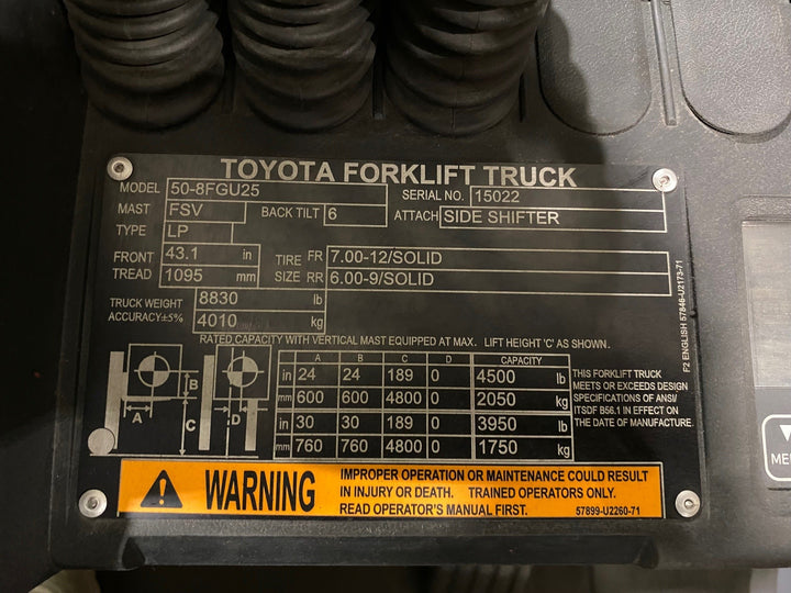 Used forklift for sale in Ajax | 2022 TOYOTA 5,000 LB IC Pneumatic Forklift | Model: 50-8FGU25