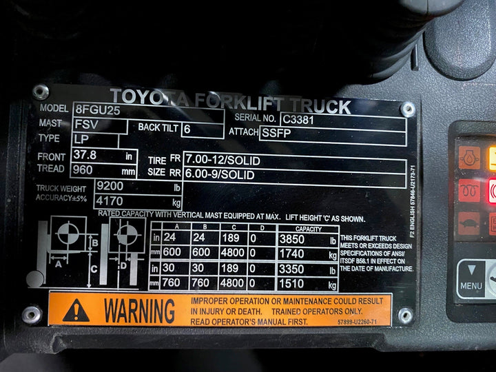 Used forklift for sale in Vaughan | 2020 TOYOTA 5,000 LB IC Pneumatic Forklift | Model: 8FGU25