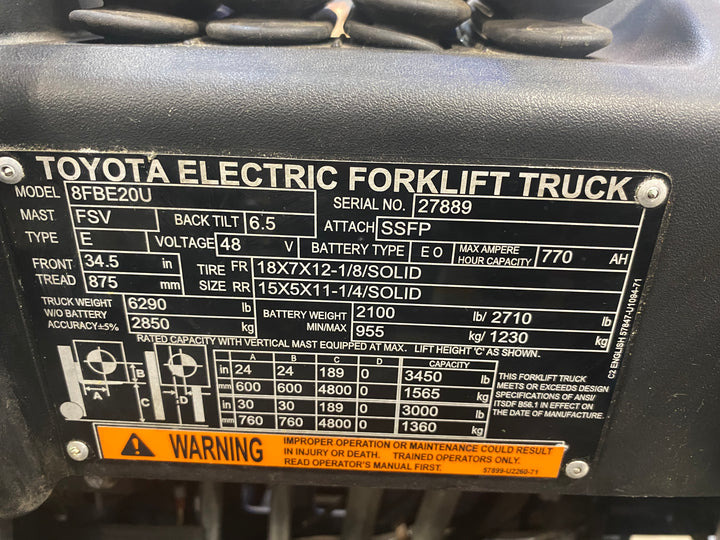 Used forklift for sale in Barrie | 2022 TOYOTA 4,000 LB 3-Wheel Electric Forklift | Model: 8FBE20U