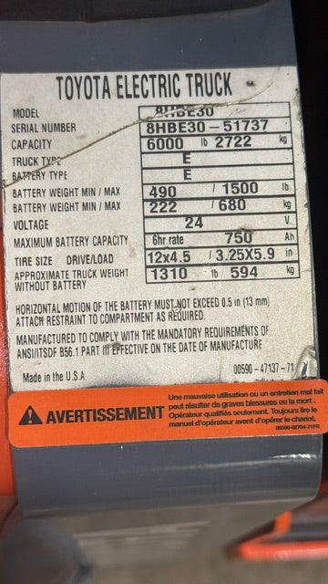 Used forklift for sale in Lachine | 2020 TOYOTA 6,000 LB Electric Walkie Rider Pallet Truck | Model: 8HBE30