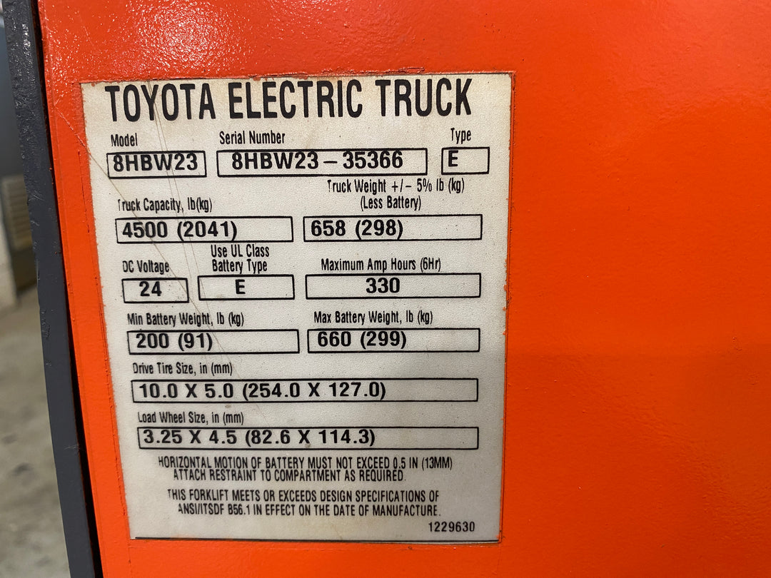 Used forklift for sale in Barrie | 2019 TOYOTA 4,500 LB Electric Walkie Pallet Truck | Model: 8HBW23
