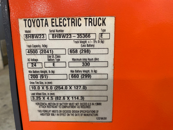 Used forklift for sale in Barrie | 2019 TOYOTA 4,500 LB Electric Walkie Pallet Truck | Model: 8HBW23