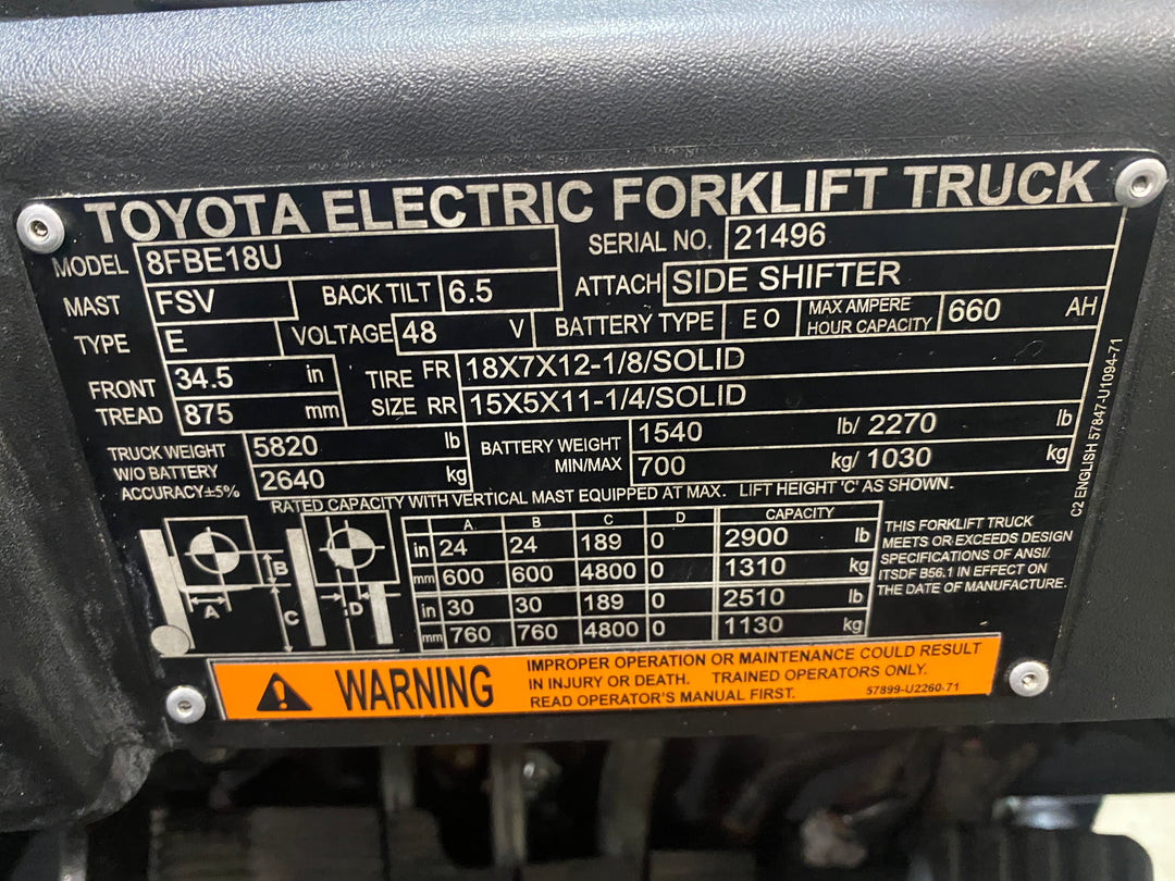 Used forklift for sale in Barrie | 2021 TOYOTA 3,500 LB 3-Wheel Electric Forklift | Model: 8FBE18U