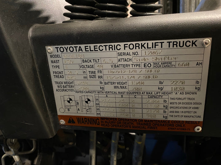 Used forklift for sale in Ajax | 2016 TOYOTA 3500 LB 3-Wheel Electric Forklift | Model: 8FBE18U