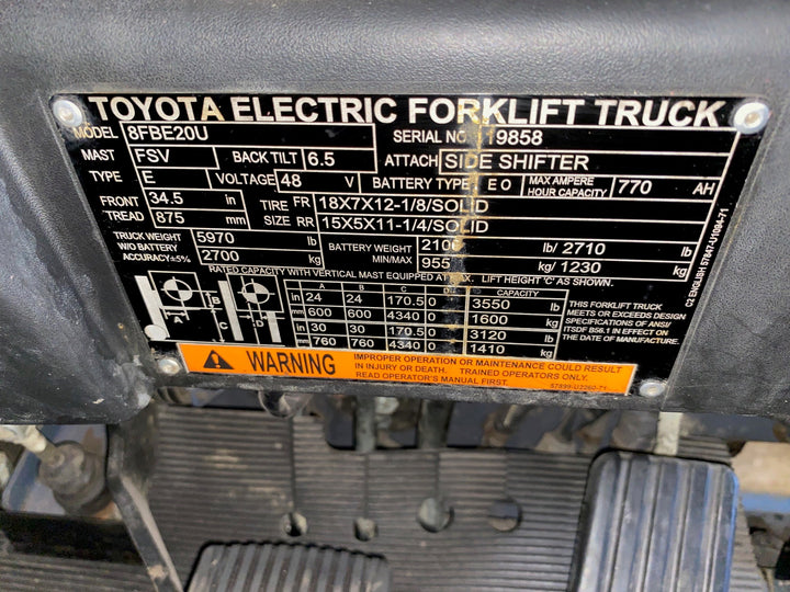 Used forklift for sale in Ajax | 2020 TOYOTA 4000 LB 3-Wheel Electric Forklift | Model: 8FBE20U