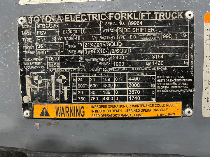 Used forklift for sale in London | 2022 TOYOTA 5000 LB Electric Cushion Forklift | Model: 8FBCU25
