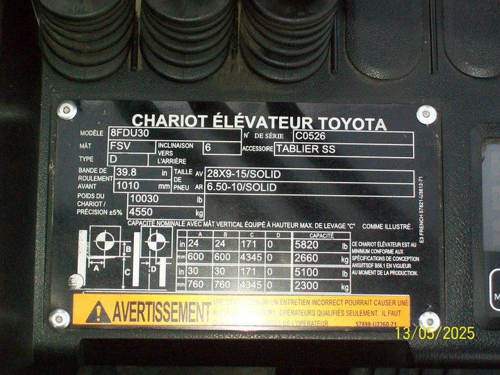 Used forklift for sale in Boucherville | 2020 TOYOTA 6000 LB Diesel Pneumatic Forklift | Model: 8FDU30